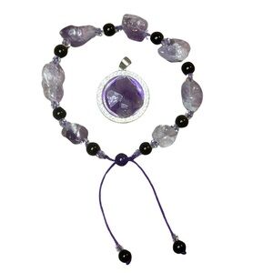 Amethyst & onyx slide bracelet and pendant in silver tone